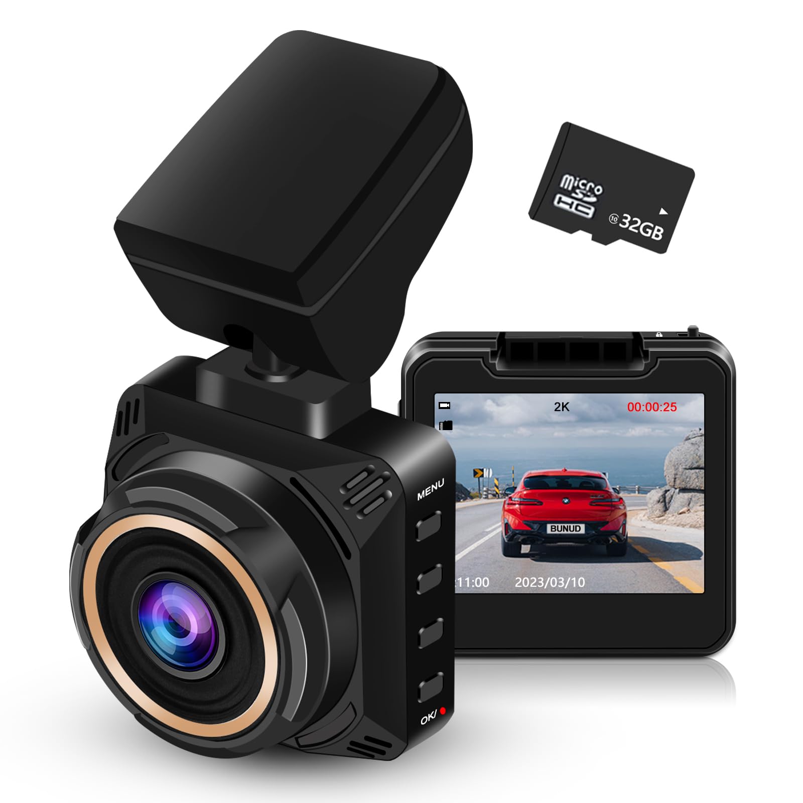 BUNUD 2K Dash Cam Front: Car Camera with Free 32G SD Card - Dashcam for Cars with Night Vision, 170° Wide Angle, Loop Recording, 24H Parking Mode