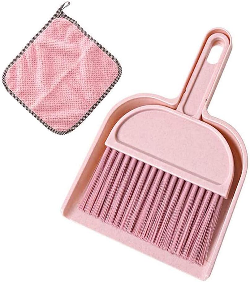 Meiosuns Mini Dustpan and Brush Set, Multi-Functional Cleaning Tool with Hand Broom Brush, Plastic Dust Pan, Coral Fleece Dishtowel/Cleaning Cloth for Home Kitchen Keyboard Cars (2-Piece, Pink)