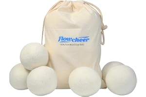 FLOWCHEER Wool Dryer Balls - 6-Pack, 100% from New Zealand, Reusable, Anti-Static, Reduces Wrinkles and Drying Time, Premium Natural Fabric Softener for Laundry