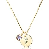 Birth Flower Necklaces for Women, 18K Gold Plated Dainty Birthstone Pendant Necklaces Handmade Birth Month Flower Jewelry Disc Coin Birthday Gifts for Women Girls Teens