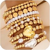 Trendy Stackable Puffy Heart Pearl Gold Beaded Stretch Bracelets for Women, Charm Round Disc Beads Baroque Pearls Bracelet Boho Party Jewelry Set Gift (Gold)