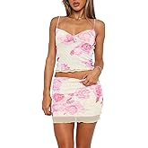Women's Summer 2 Piece Mesh Mini Skirt Sets Sexy Backless Crop Camisole Tops Y2K Sets Prints Going Out Two Piece Outfits