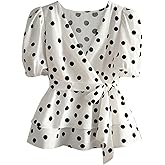 SHENHE Women's Puff Short Sleeve Wrap V Neck Blouse Polka Dots Peplum Ruffle Hem Dressy Top