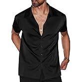 Runcati Mens Luxury Satin Silk Dress Shirts Casual Button Down Short Sleeve Prom Party Wedding Shirt