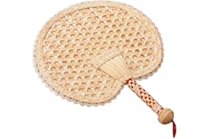 IMIKEYA Natural Raffia Fans Handmade Knitted Leaf Fan Summer Cooling Fan Wheat Straw Handheld Fan for Elderly Size 2 (Round)