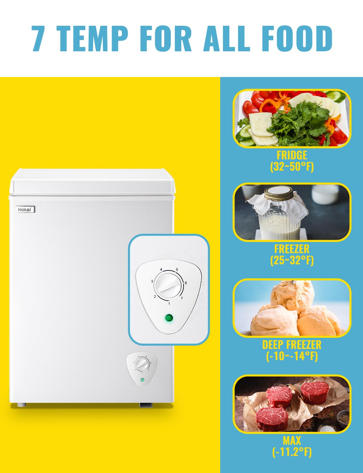 WANAI Chest Freezer Small Deep Freezers with Removable Storage Basket Freestanding Top Door Compact Mini 7 Gears Temperature Control for Office Dorm Apartment