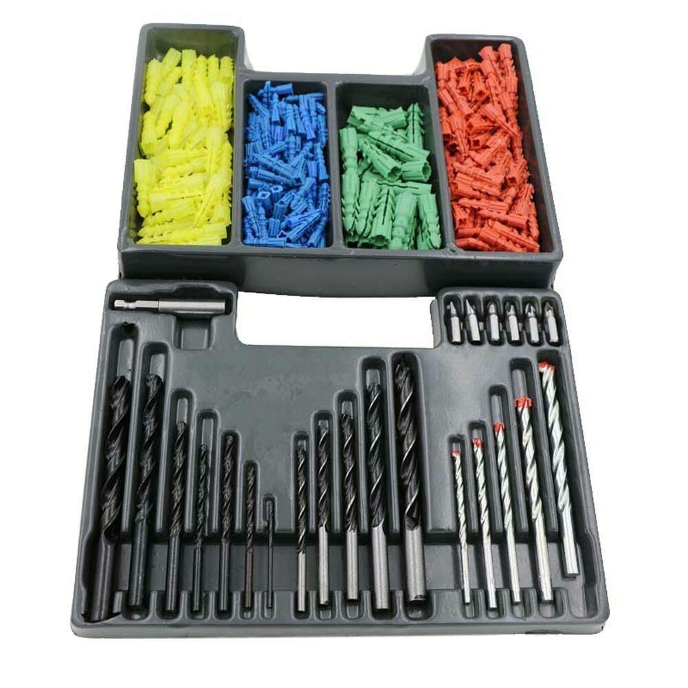 Heavy Duty Drill Bits & Wall Plug Set 300 Pieces Multi-surface Bit Set With Box
