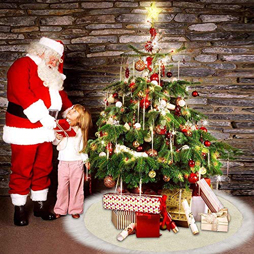 Jellas 3D Embossing Pattern Christmas Tree Skirt, 48 inches Premium Golden Tree Mat for Xmas Holiday with Hand Stitched Luxury White Snow Smooth Fur Edge, for Christmas Decoration Outdoor and Indoor