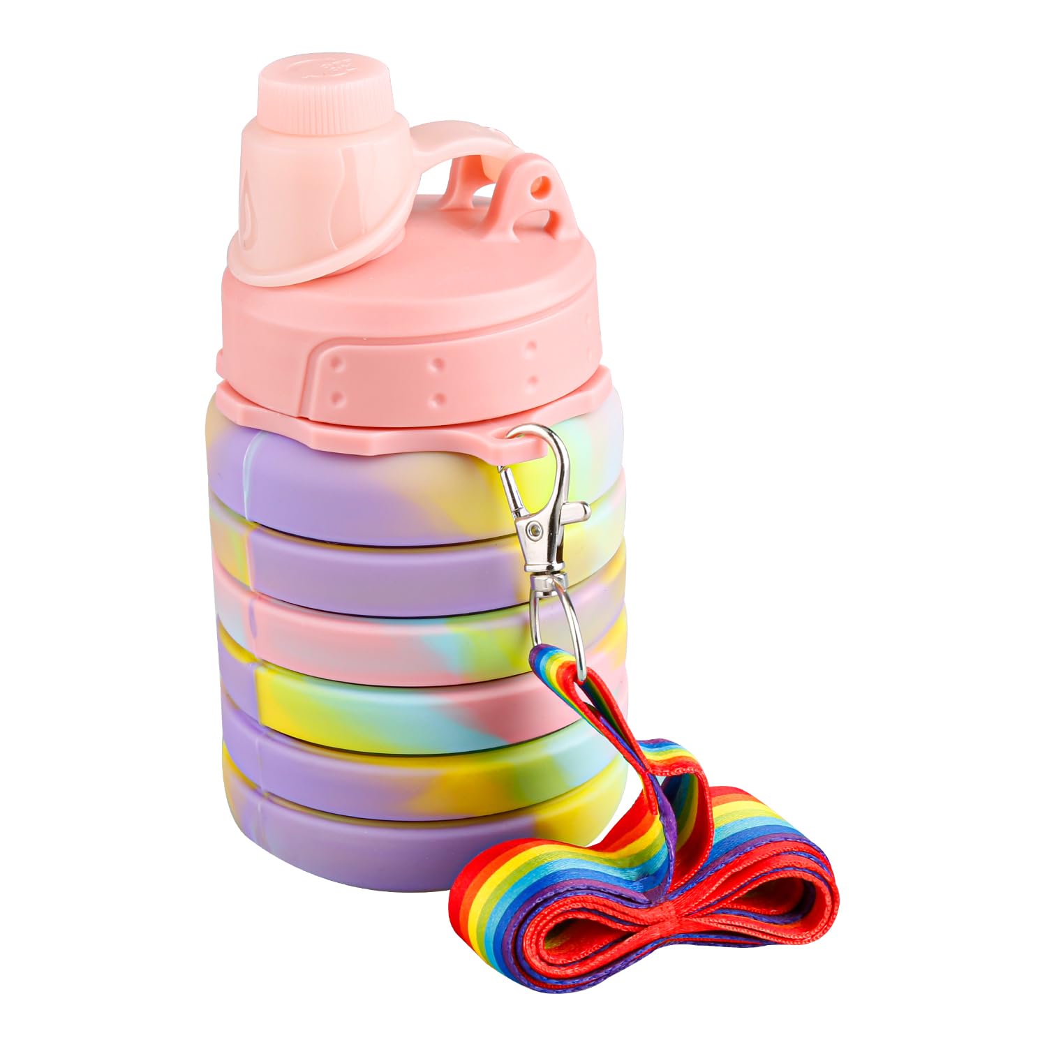 Rumyve 500ml Collapsible Silicone Water Bottle,Portable Leak Proof Water Bottles with Lanyard Straps,Octdoor Accessories for Kids Girls Boys Sports Hiking Trip Camping(Camouflage pink)
