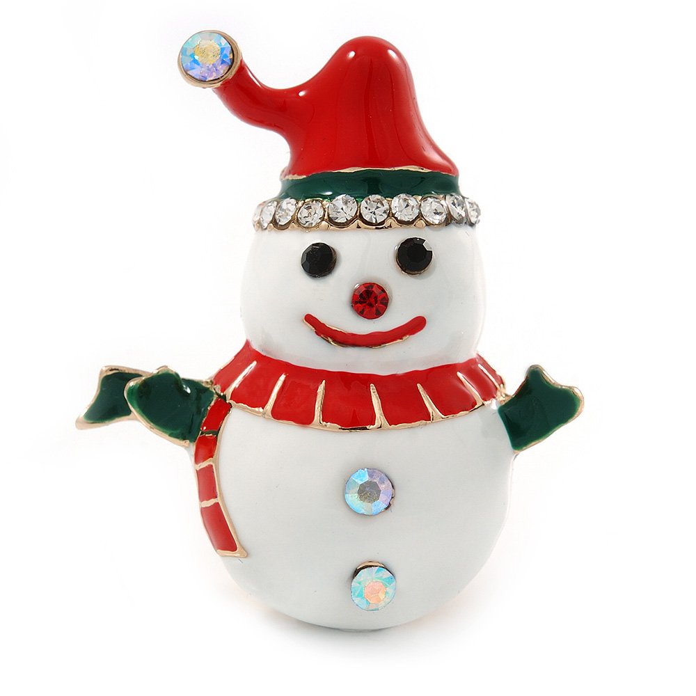 Christmas White/Red/Green Enamel, Crystal 'Snowman' Brooch In Silver Tone Metal - 43mm L