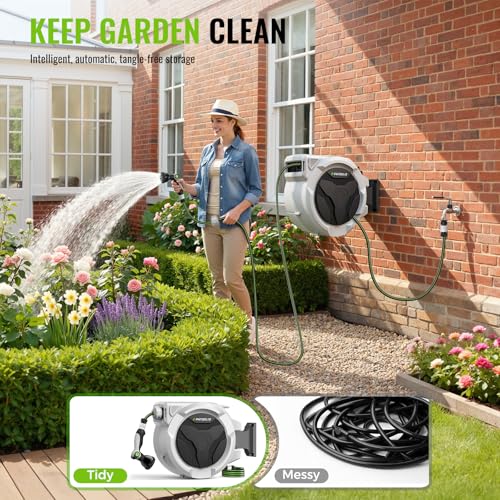 Hose Reel, PATOOLIO Auto Reel 30+2m Wall-Mounted, Retractable Garden Hose Reels, Auto Rewind, Self-Locking System, 180° Pivot Swivelling, 10 Function Spray Gun, Black