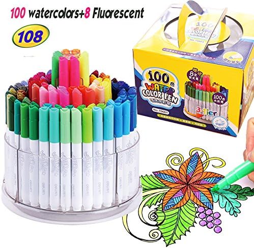 108 Colors Watercolor Pen Set With Carry Case, Lasten Washable &amp; Non-Toxic Colored Pens for Kids Adult Coloring Drawing Doodling，Creative Arts Crafts Birthday Gift