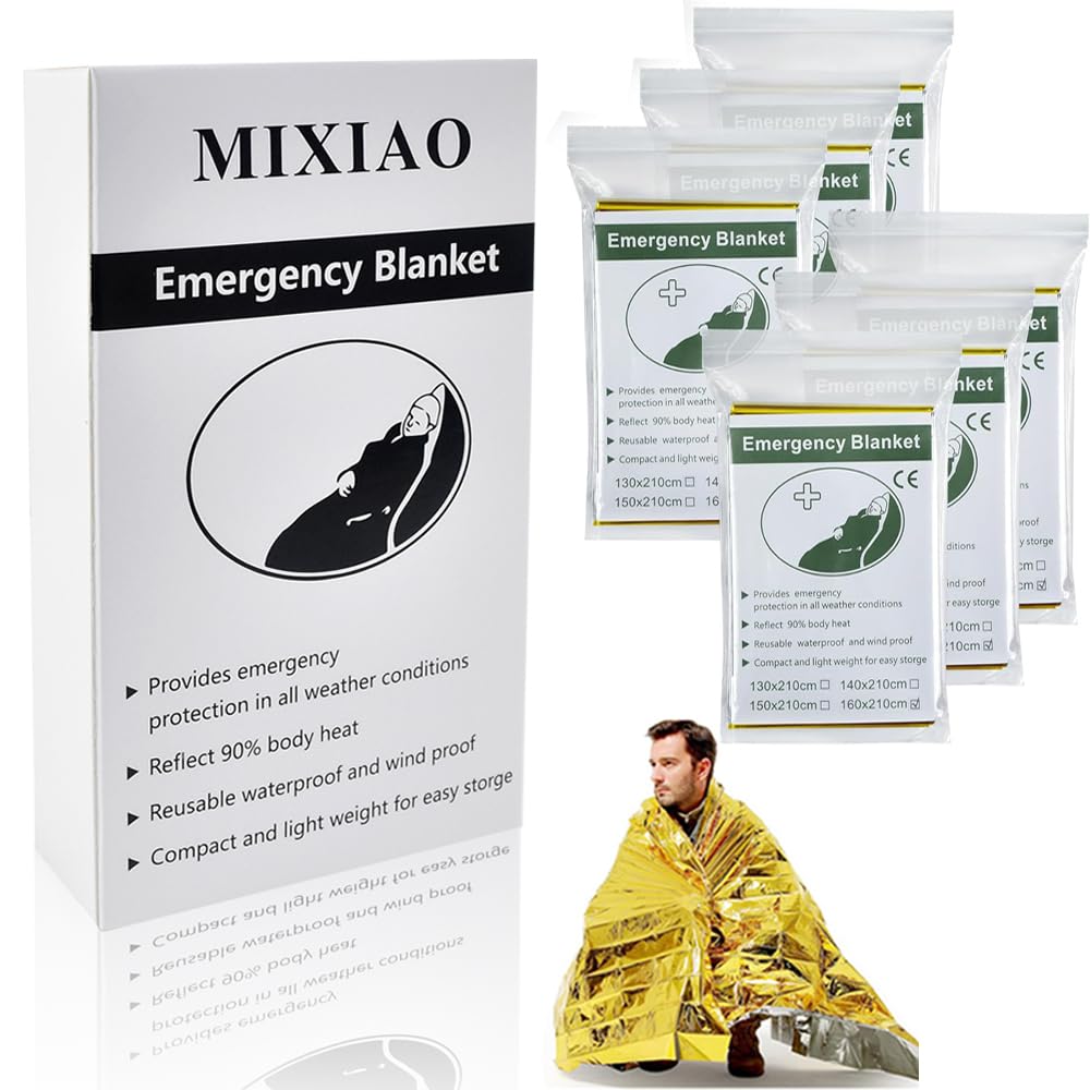 MIXIAO Emergency Foil Thermal Blanket (Pack of 6), 210 x 160 cm (82" x 63") Survival Reflective Blankets Perfect for Outdoors, Hiking, Survival, Marathons or First Aid (Gold Pack of 6)
