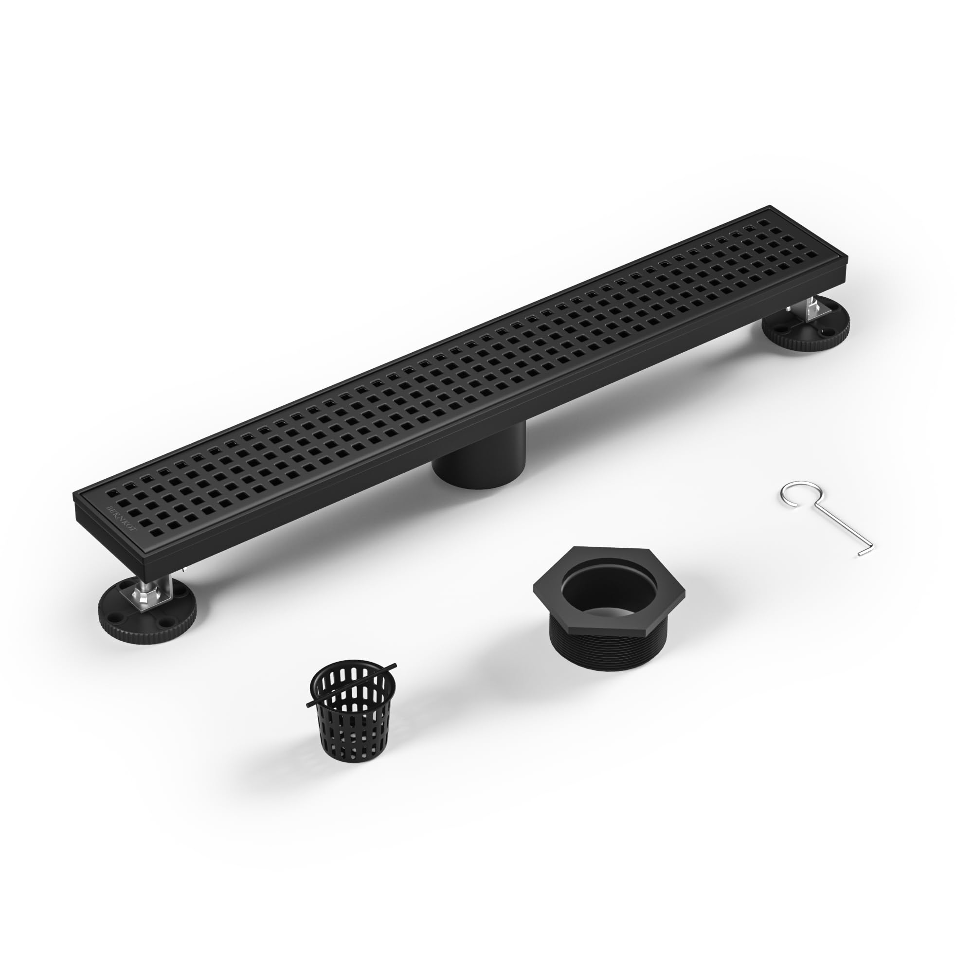 Bernkot Linear Shower Drain 18", 304 Stainless Steel Floor Drain with Grid Drain Cover & Hair Strainer, Rectangular Shower Drain w/CUPC Certified, Matte Black Image