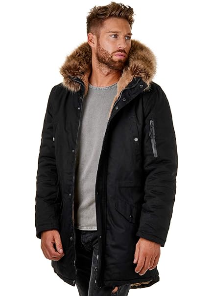 EightyFive Herren Parka Winterjacke Kunstfell Teddyfell Schwarz Beige EF1720