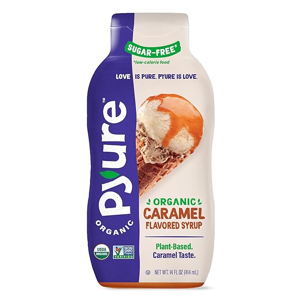 PYURE ORGANIC CARAMEL DESSERT SYRUP | SUGAR-FREE CARAMEL TOPPING FOR KETO ICE CREAM, PANCAKES, LOW CARB SWEETS | 1G NET CARB, GLUTEN-FREE, VEGAN, NON-GMO, PLANT-BASED, DIABETIC FRIENDLY | 14 OZ