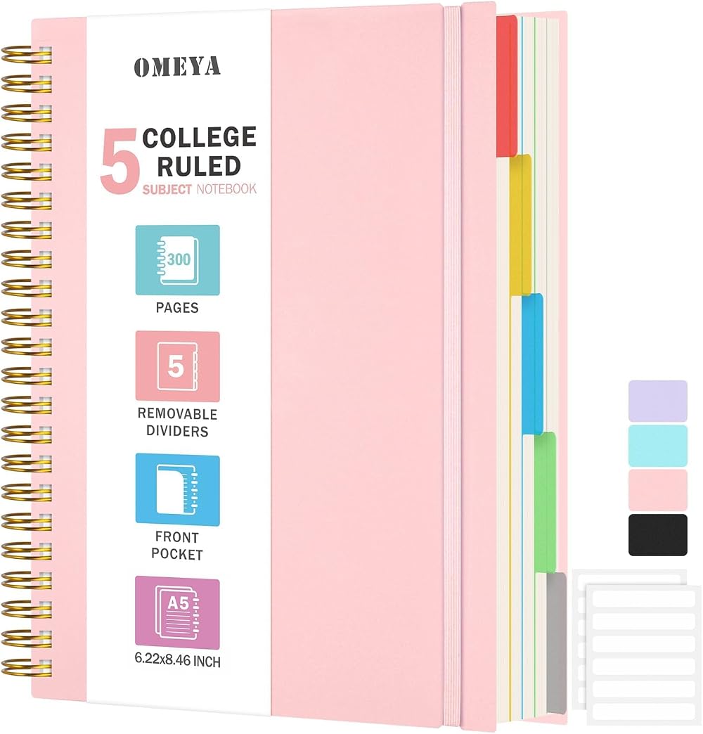 OMEYA 5 Subject Spiral Notebook A5 300 Pages Removable Dividers 100GSM