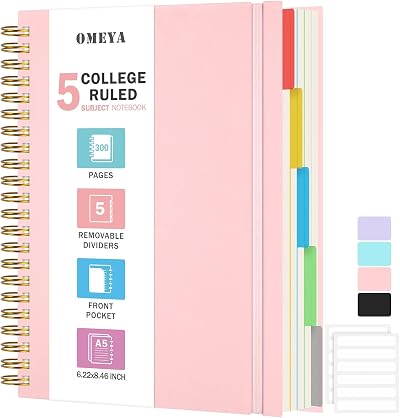 OMEYA 5 Subject Spiral Notebook A5 300 Pages Removable Dividers 100GSM