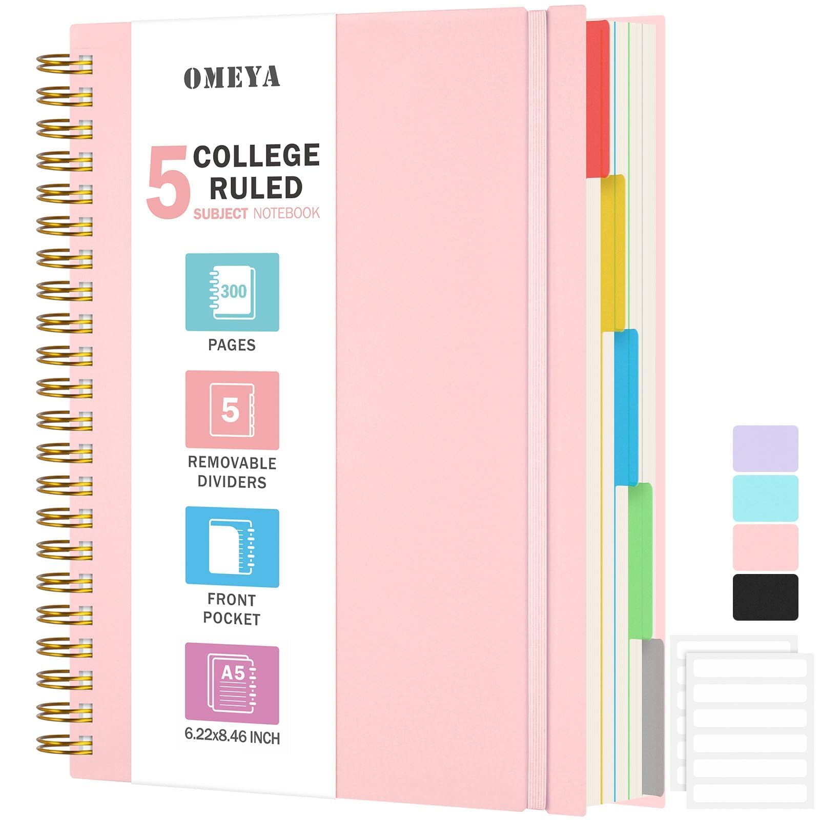 5 Subject Notebooks College Ruled, Spiral Lined Notebook with Removable Dividers, 300 Pages 100GSM Thick Spiral Writing Journal for Women & Men, Large A5 Notebooks for Work, School Supplies, 6" x 8"