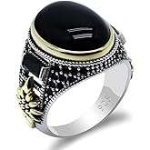 Solid 925 Sterling Silver Ring for Men Onyx Stone Ring Turkish Handmade Agate Silver Luxury Vintage Men's Ring (Black, 7)