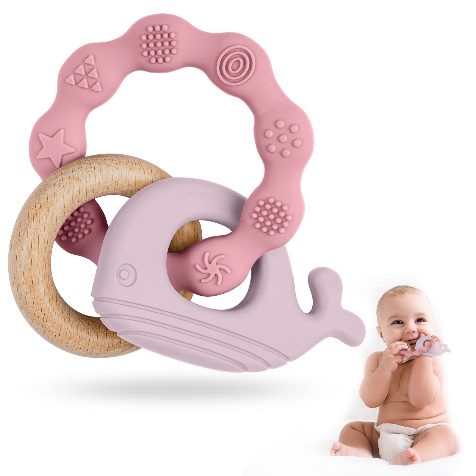 Photo 1 of Vicloon Baby Teether Toys, Silicone & Natural Wood Teether Ring, Baby Teething Toys for Babies 0 Months, Silicone Chewable Rings for Newborn Gift?Pink?