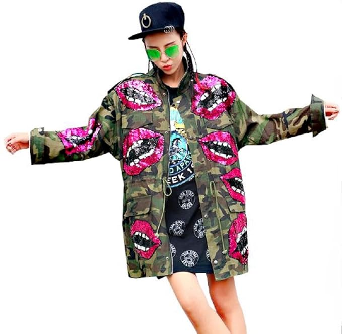 Damen Camouflage Denim Jacke Long Jacket Parka m Bomberjacke h Jeansjacke Patches übergangsjacke Lederjacke Blazer Freizeitja