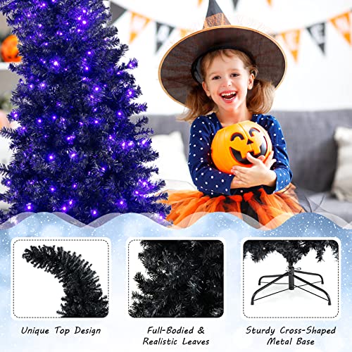 Goplus 7ft Prelit Black Christmas Tree, Hinged Artificial Halloween