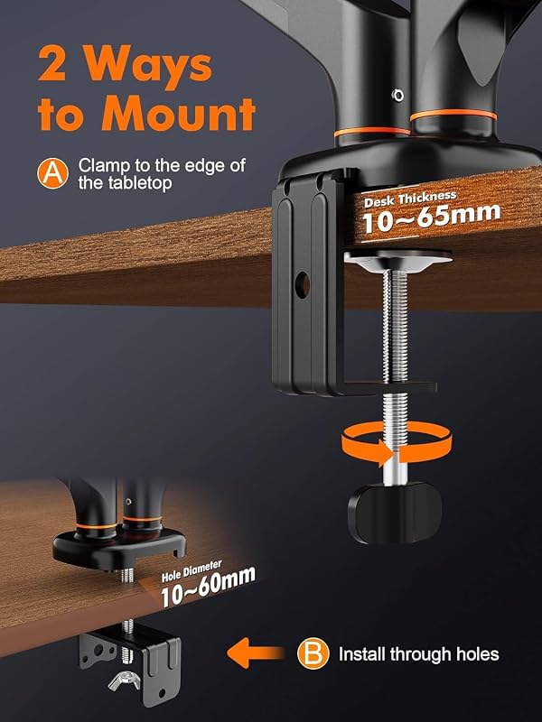 Soporte de Monitor Doble para Pantallas de 13"-27", Brazo de Gas Ajustable, Soporta 2 Monitores, Inclinación, Giro y Rotación con Base de Montaje C-Clamp y Grommet, VESA 75/100mm (MA001-2)