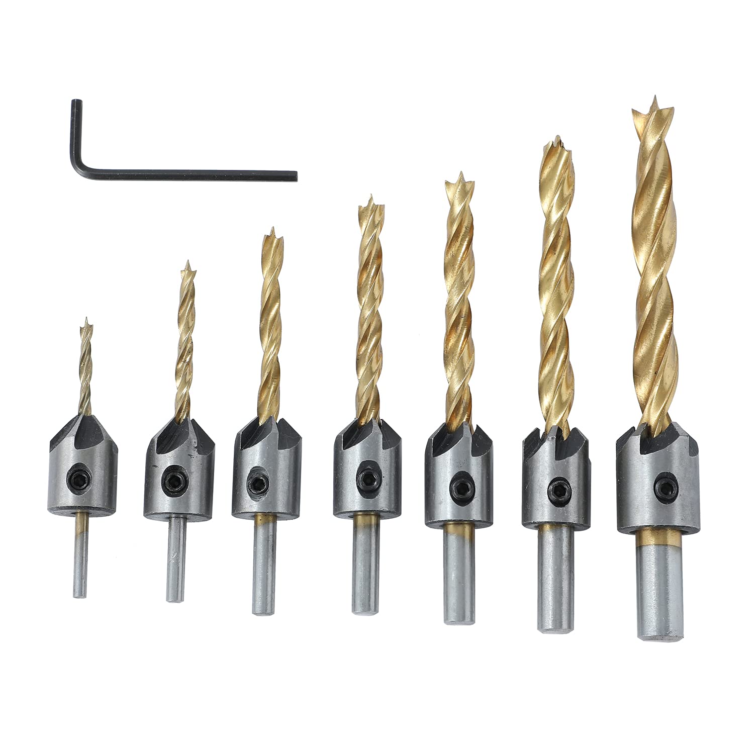 TOPWAY Countersink Drill Bits Set 7 Pieces Three Pointed High Speed Carbon Steel for Wood Drilling or Woodworking Chamfer (Budget) 131301