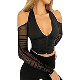JUMISEE Women Sexy V Neck Off Shoulder Crop Top Halter Mesh Long Sleeve T Shirt Blouse Zipper Front Tee Top
