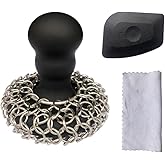 316 Upgraded Chainmail Scrubber with Silicone Handle Cast Iron Cleaner for Cast Iron Grill Pan Skillet Wok Bakeware Ergonomic to Hold Easy to Use Dishwasher Safe, Scrubber + Scraper + Towel (Black)