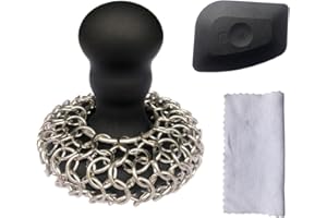 TOISERNS 316 Upgraded Chainmail Scrubber with Silicone Handle Cast Iron Cleaner for Cast Iron Grill Pan Skillet Wok Bakeware Ergonomic to Hold Easy to Use Dishwasher Safe, Scrubber + Scraper + Towel (Black)