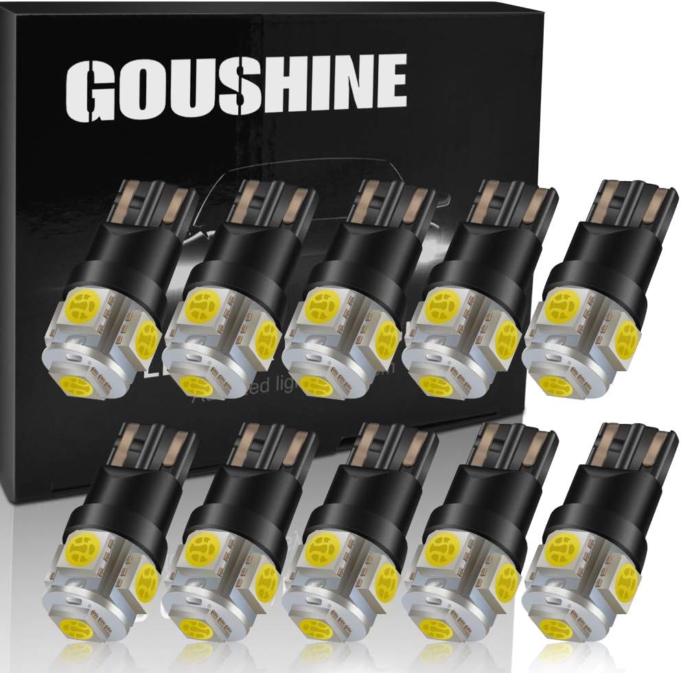 GOUSHINE 194 LED Bulb 168 LED Bulb T10 Led Bulb Ultra Bright W5W Led Bulb 5pcs 5050 SMD Chipsets 6000K White 12V 200LM for Car Interior Lights Dome Reading Map License Plate Door Trunk Dashboard 10PCS