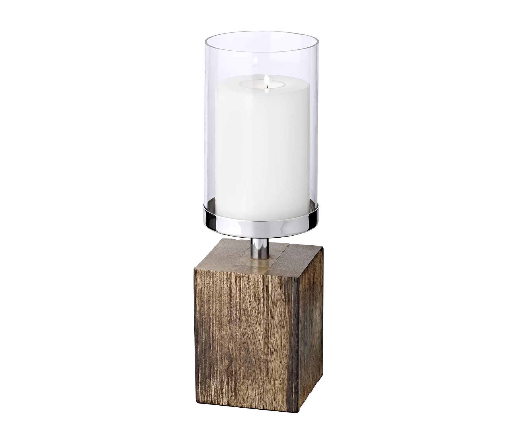 EDZARD candle holder, lantern Meo (height 31 cm), nickel-plated stainless steel, base made of real wood, for candles up to ø 8 cm