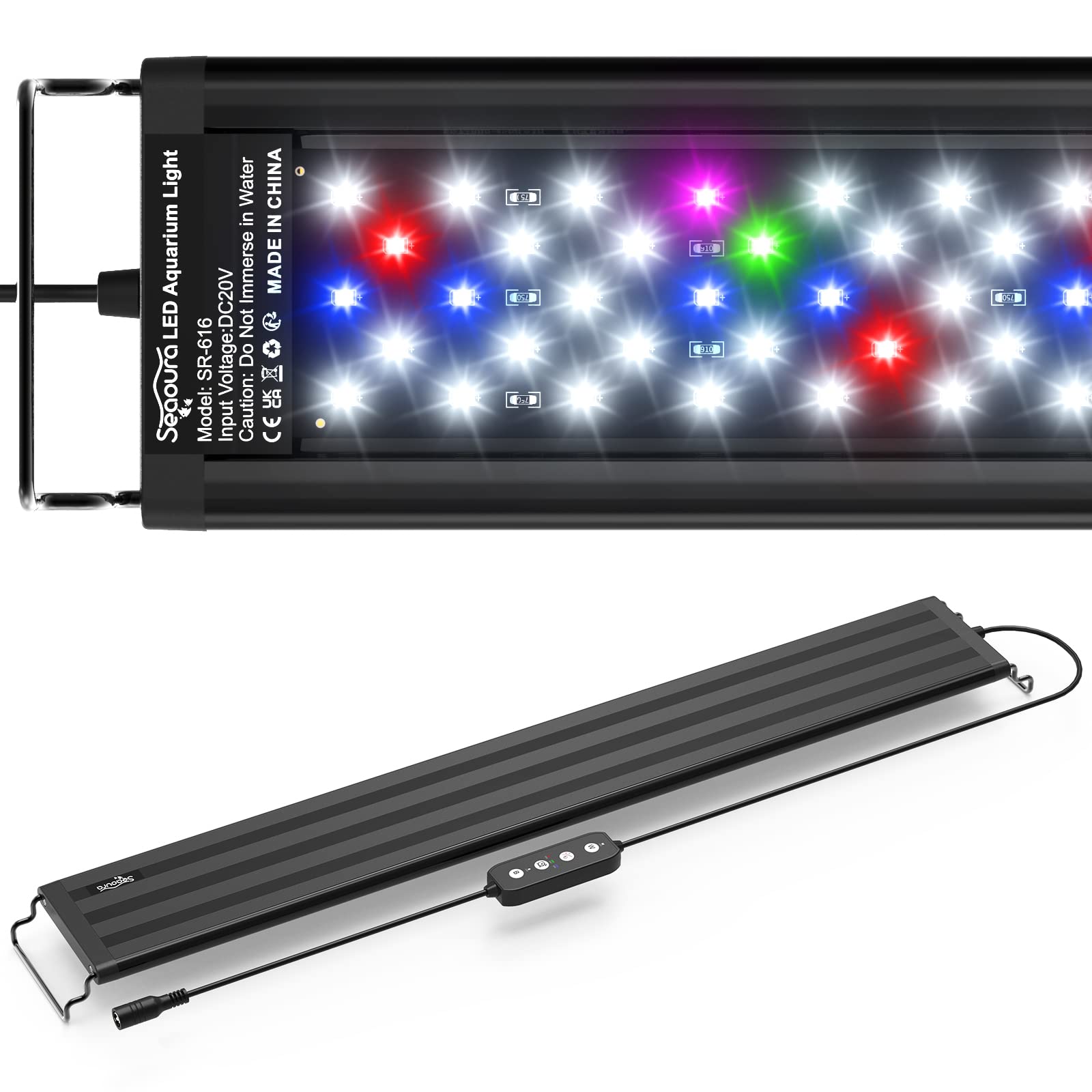 SEAOURA Led Aquarium Light for Plants-Full Spectrum Fish Tank Light with Timer Auto On/Off, Adjustable Brightness, White Blue Red Green Pink LEDs with Extendable Brackets for Freshwater (61-76cm)