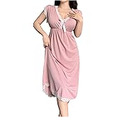 SHENHE Women's Lace Trim Short Sleeve Nightgown Bowknot V Neck Coquette Sleepshirt Lounge Dress