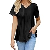 Quatrefox Womens T Shirts Short Sleeve Pleated Dressy Tunic Casual V Neck Summer Tops Blouses Beach Vacation Clothes