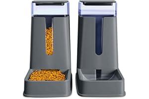HIPIDOG 2 Packs Automatic Cat Feeder and Waterer, Gravity Dog Food and Water Dispenser Set for Small Medium Big Pets Cats Dogs Puppy Kitten, 1 Gallon x 2 (deep Gray)