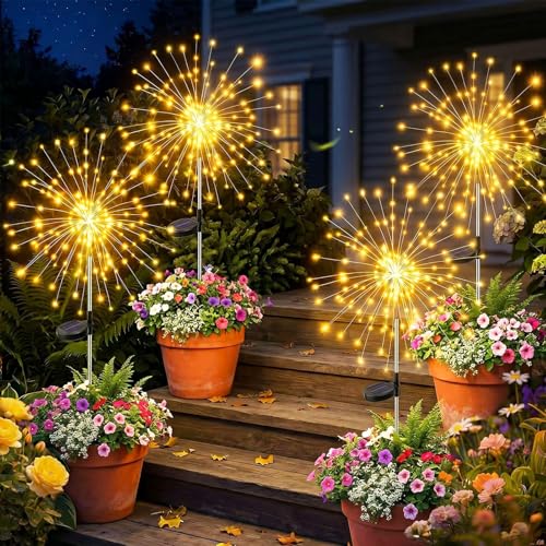 yowin Firework Solar Lights Outdoor Garden 4 Pack 120 LED Solar Garden Lights, 8 Modes Starburst Light Waterproof Copper Wire Dandelion Outdoor Stake Light for Pathway Patio Yard Lawn - Warm White