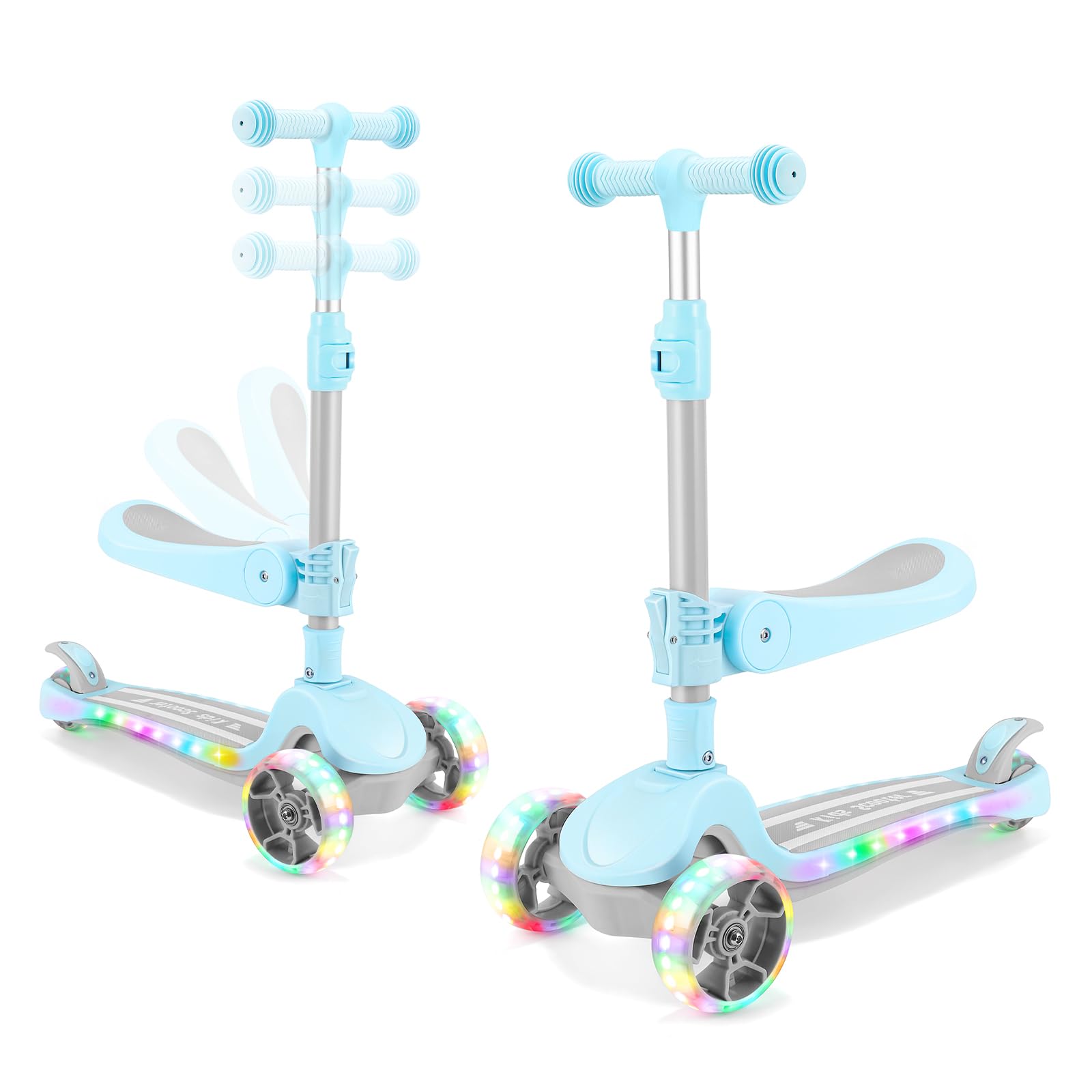 AODI 2 in 1 Scooter for Kids, 3 Wheel Toddler Scooter with Flip-able Seat, Easy Folding, Flashing Lights, Adjustable Height, Lean to Steer, Kick Scooter for Boys & Girls Ages 2-10