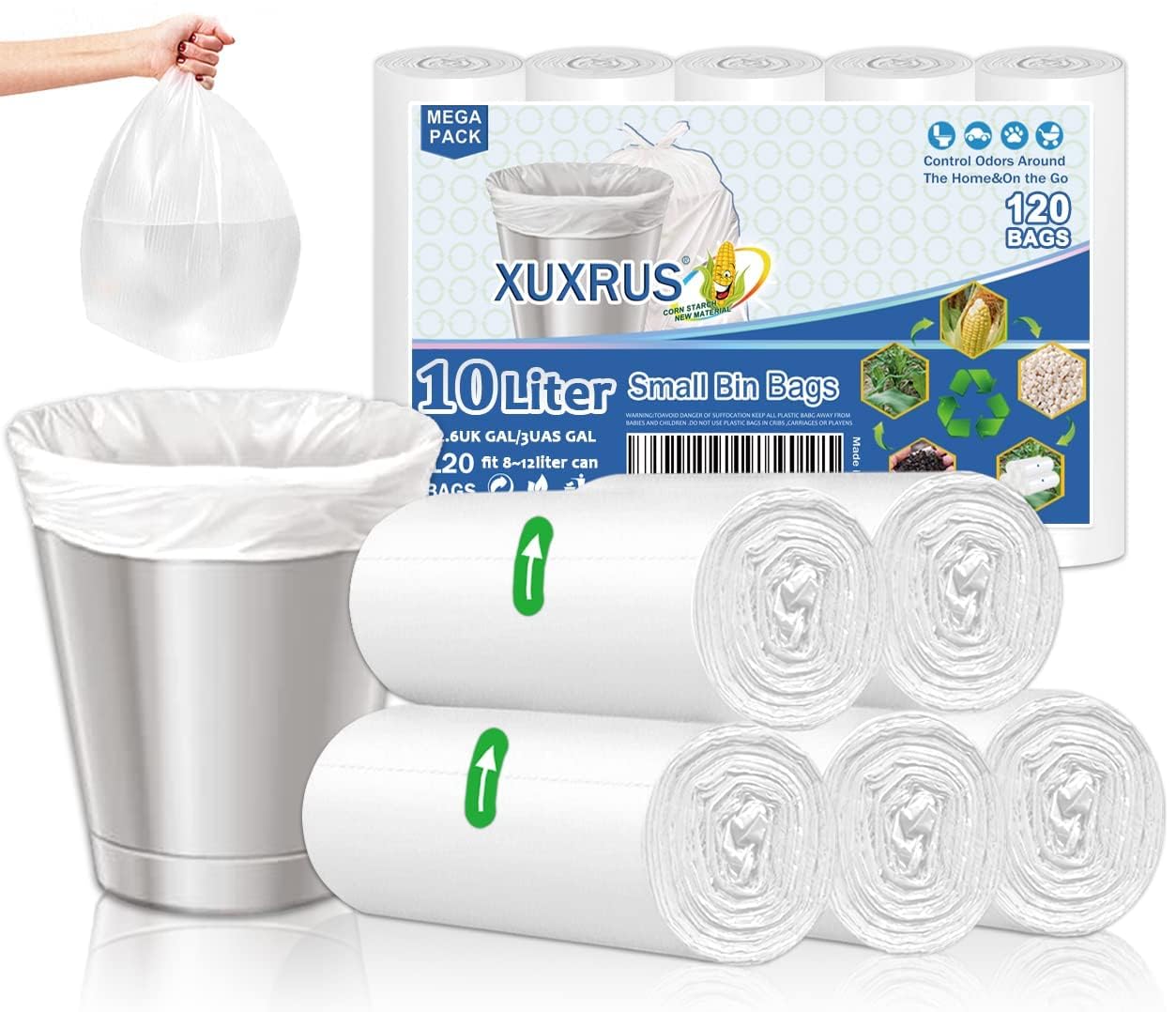 XUXRUS 10 Liter Bin Bags Small Pedal Bin Liners, 120 Count Clear Plastic Garbage Bags,Waste Bags Strong Rubbish Bags for Bathroom, Home, Kitchen (White)