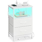 SONGMICS LED Nightstand with Charging Station, 2 Fabric Drawers, White | Night Stand, Bedside Table, Side Table, End Table, Small Nightstand, USB-C Port, App Light Control