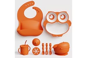 VOD VISUAL Baby Led Weaning Supplies, 10 Pack Silicone Baby Feeding Set - Baby Bowls and Plates with Suction, Toddler Spoons and Fork, Toddler Cups with Replaceable Lids (Orange)