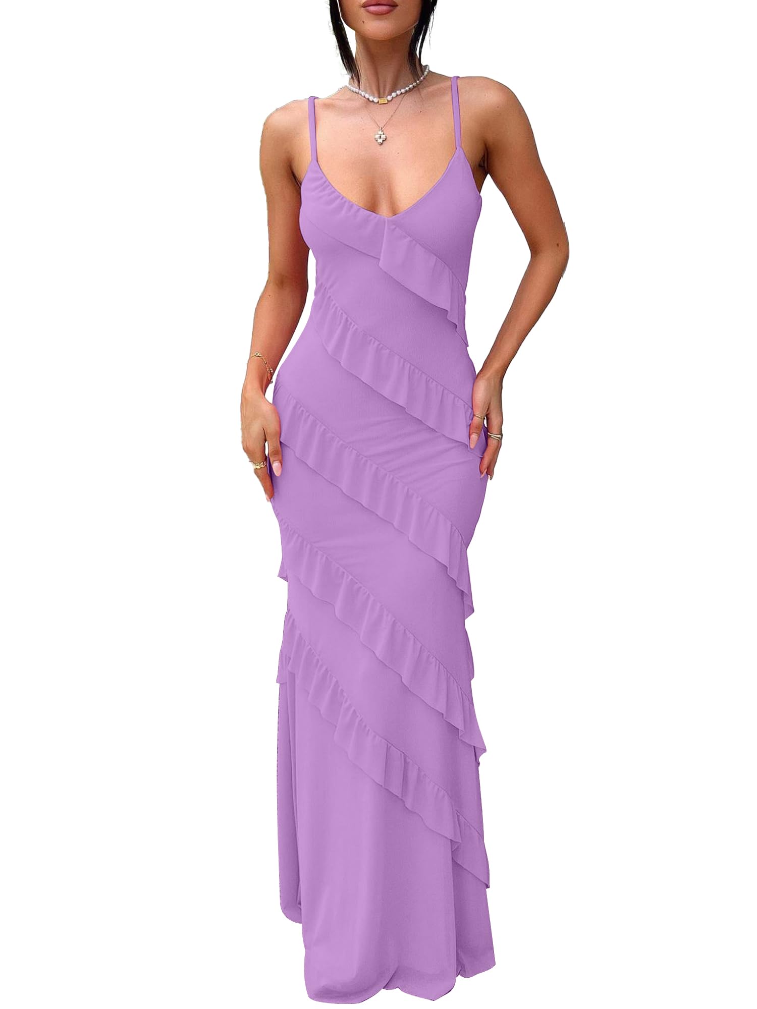 Photo 1 of (LARGE) (USED/FAIR) HOCILLE Women's Sexy V Neck Backless Bodycon Spaghetti Strap Elegant Ruffle Maxi Cocktail Party Dresses, Large, Purple