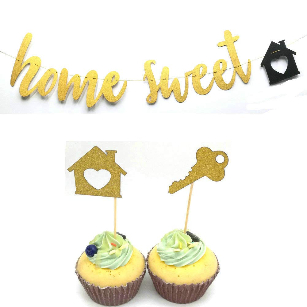 HEMARTY Home Sweet Home Gold Black Glitter Sign Banner 24 Gold Glitter House Cupcake Toppers for Housewarming Military Family Party Decorations (Gold)
