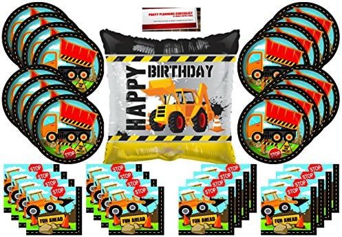 Under Construction Zone Happy Birthday Party Supplies Bundle Pack for 16 plus 18 Backhoe Balloon