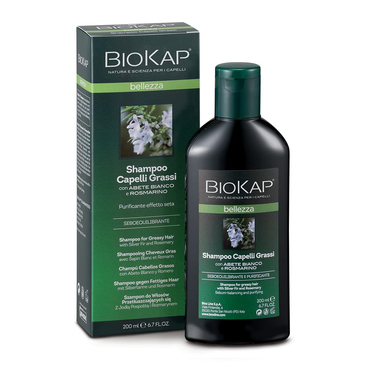 BIOKAP BELLEZZA Shampoo for Oily Hair 200 ml | for Fragranced Light and Soft Hair - Vegetable Active Ingredients - Silver Fir - Organic Rosemary - Icelandic Moss - Menthol - Vegan