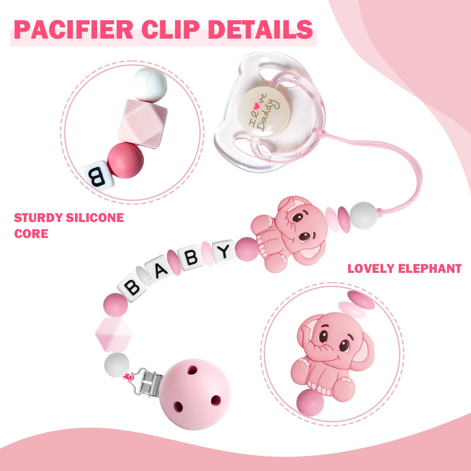 SCOM Reborn Baby Dolls Accessories Set - Rainbow Transparent Magnetic Pacifiers & Removable Reusable Baby Doll Bottles with Silicone Pacifier Clips for Reborn Dolls Girls, Pink Style, 3 Pcs