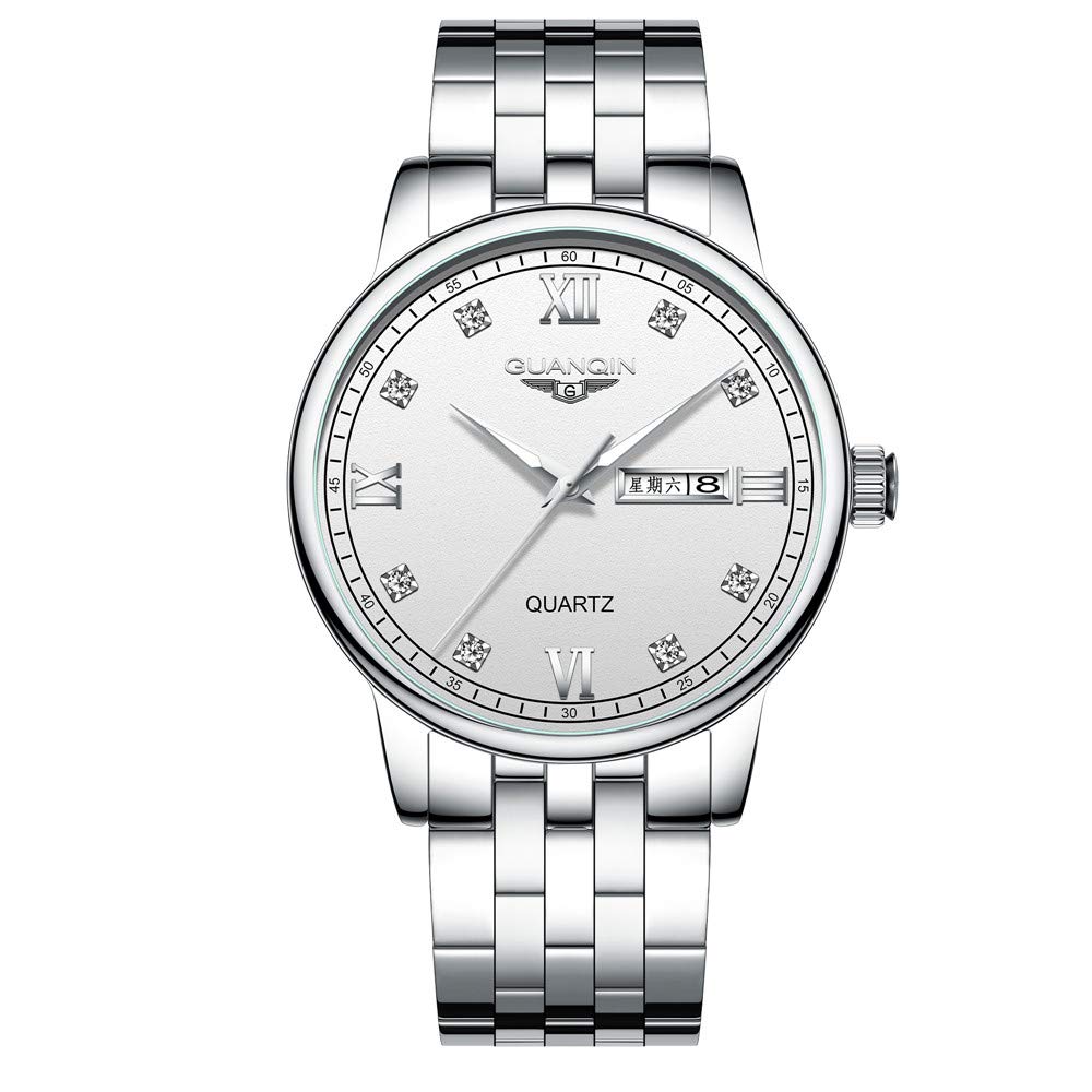 GUANQIN Brand Men Analog Waterproof Quartz Stainless Steel Calendar Luminous Wrist Watch