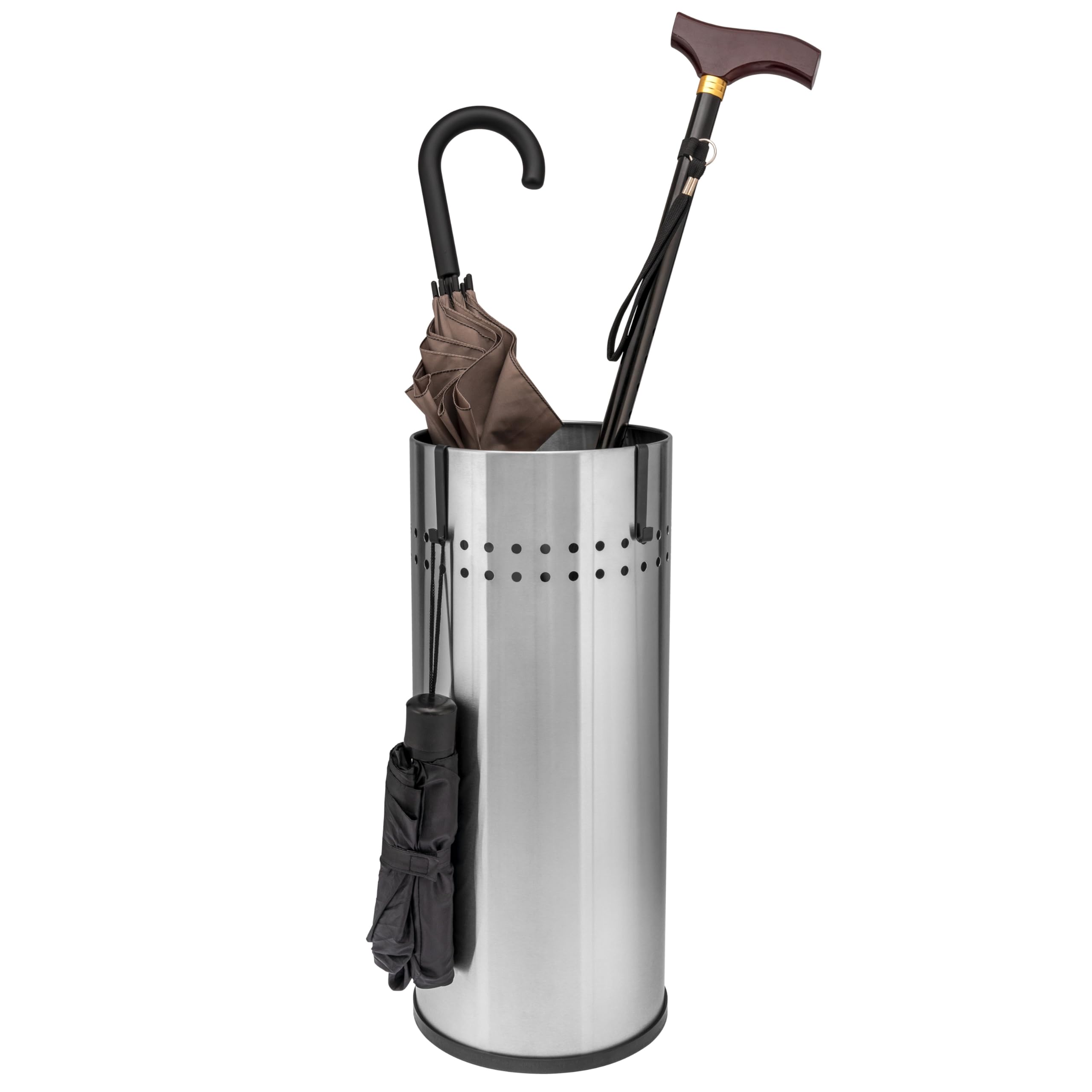 bremermann umbrella stand with drip tray, with 2 hooks – perfect for hallway, office or study, also suitable for walking sticks or paper rolls (Stainless steel)